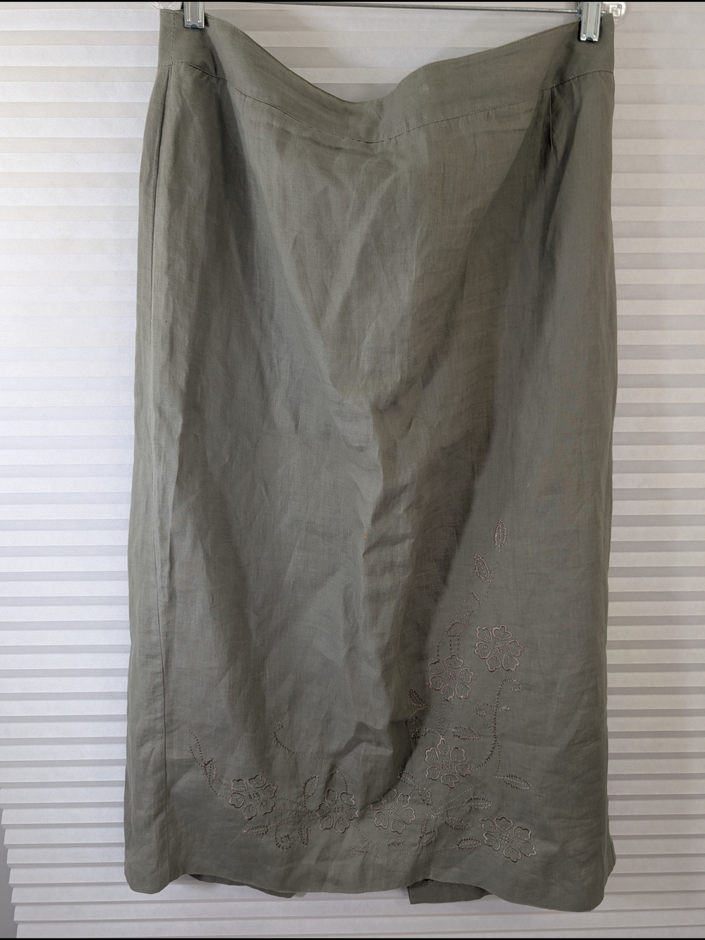 ENCORE 100% Linen Olive Green Midi Skirt Floral Embroidery Size 14 - Picture 4 of 6
